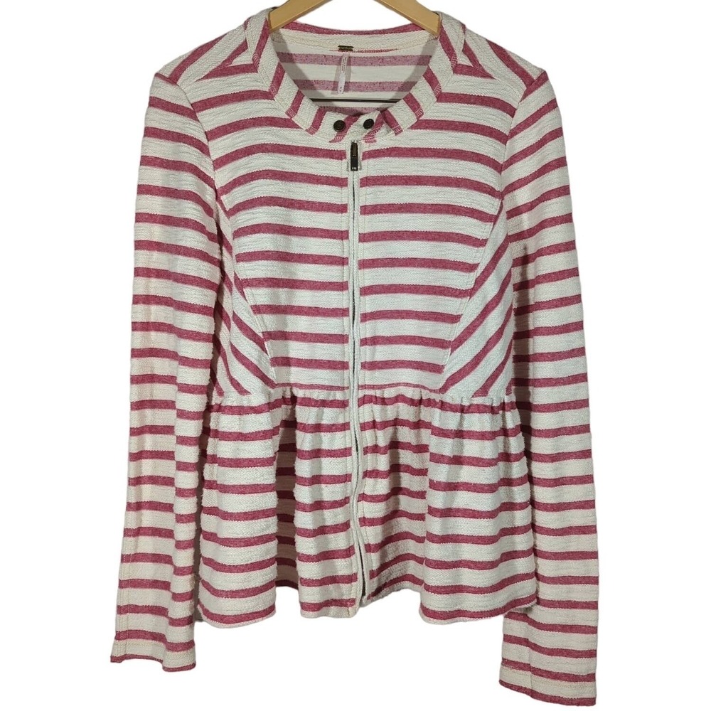 Free‎ People Striped Peplum Moto Jacket Womens M Pink White Zip Up